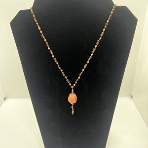 Vintage Orange Aventurine Pendant W/ Amber  Glass Seed Beads Silver Beads Links